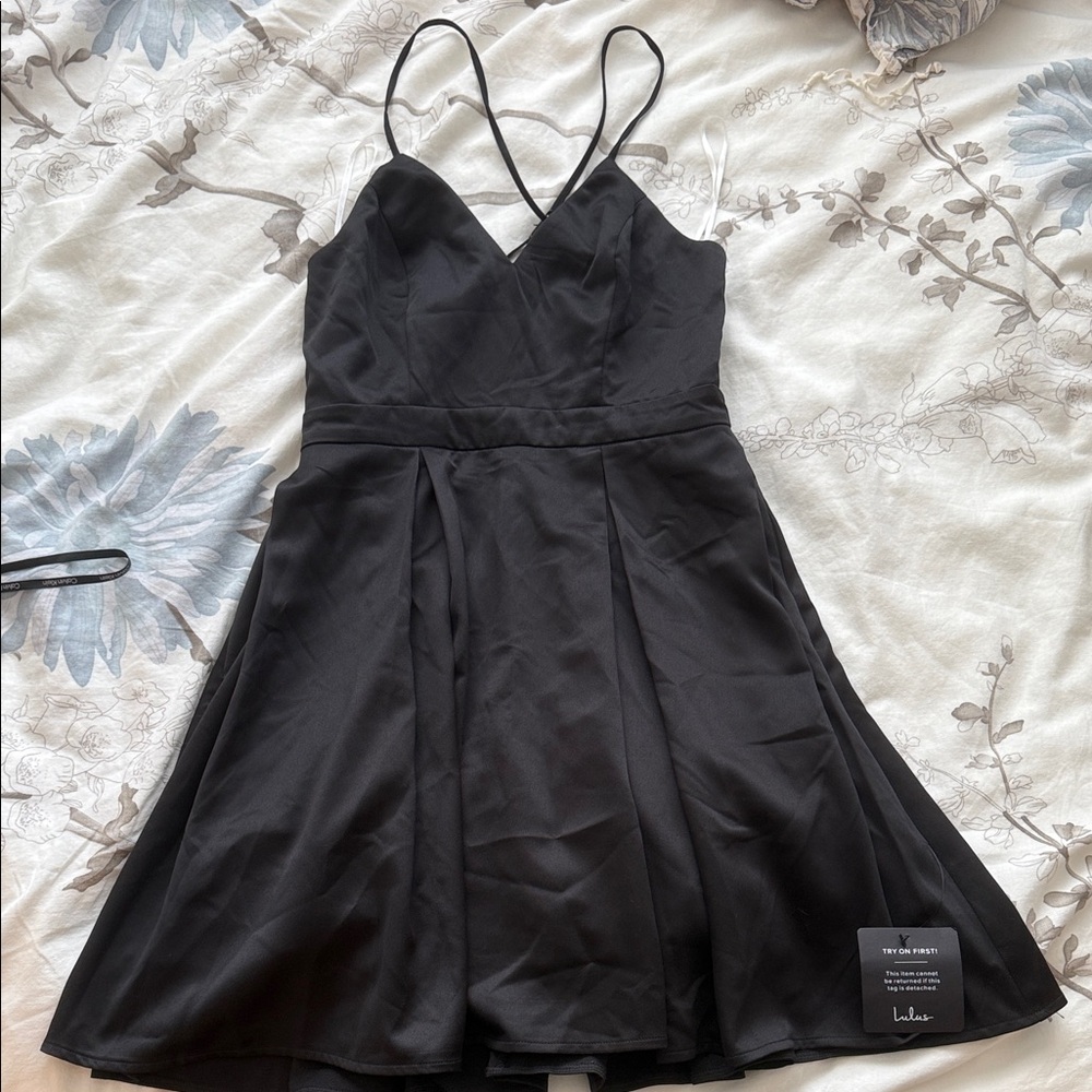 Lulu's Black Mini Skater Dress with Spaghetti Straps